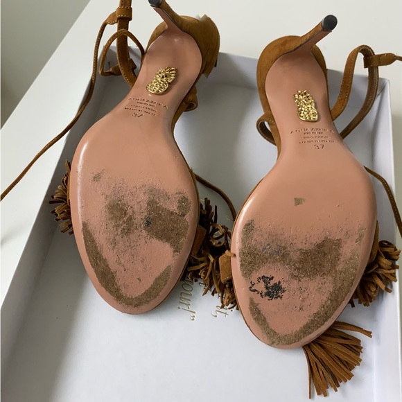 Aquazzura Tan Suede High-Heeled Sandals with Fringe and Ankle Strap in size 7 US - Picture 6 of 8